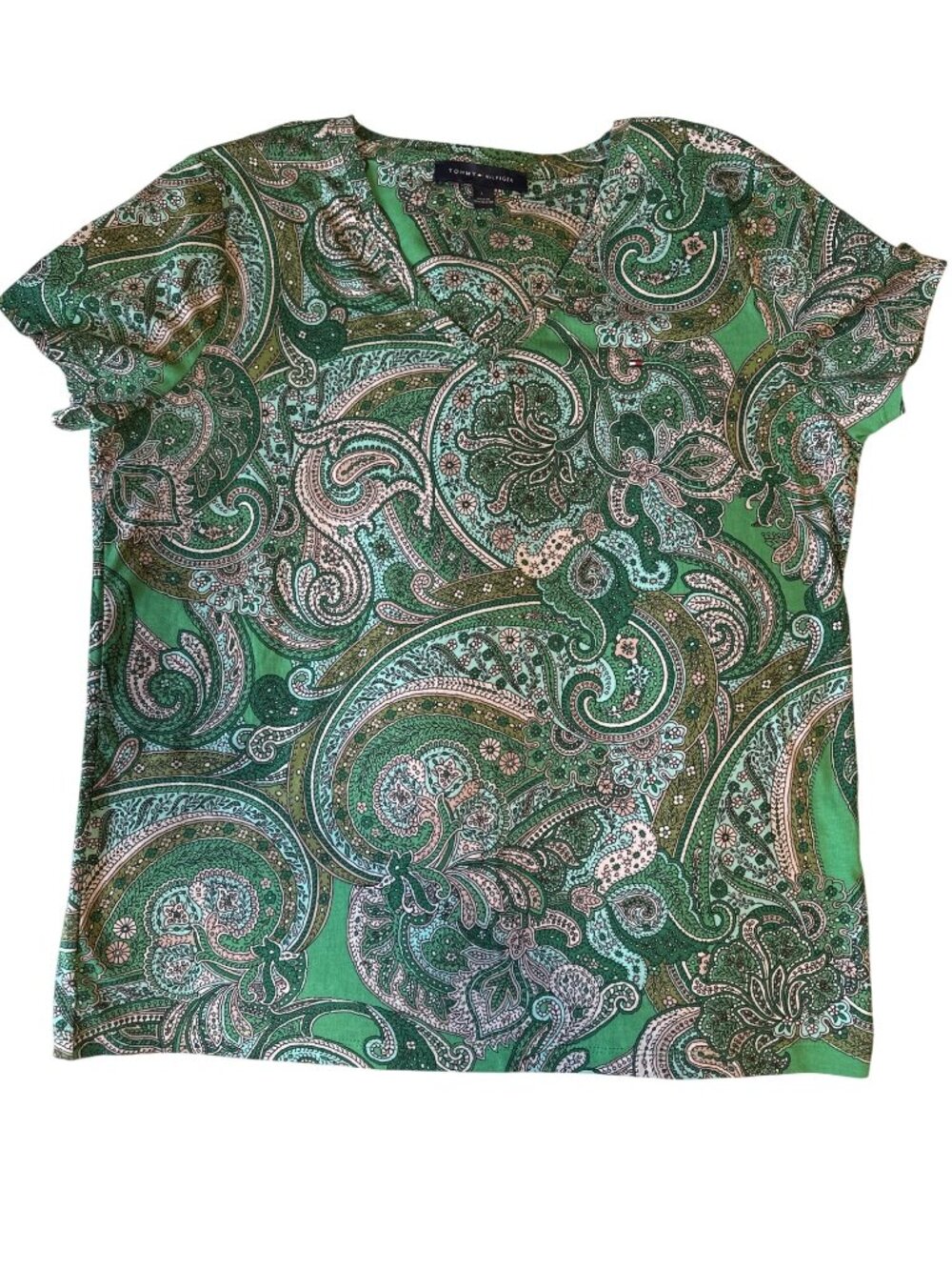 Tommy Hilfiger Green Paisley Print Womens Top Size L